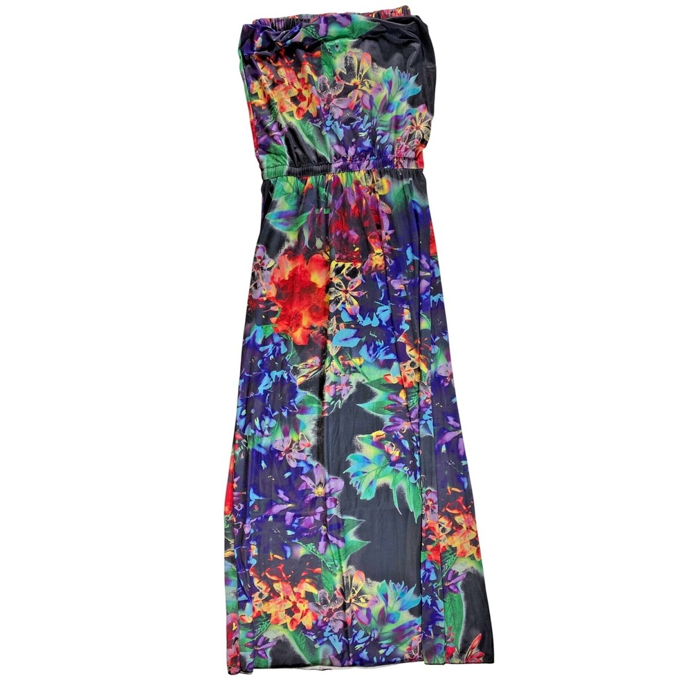 Sexy Strapless Floral Maxi Dress Elastic Waist Boho Medium Beach Date Hippie Y2K